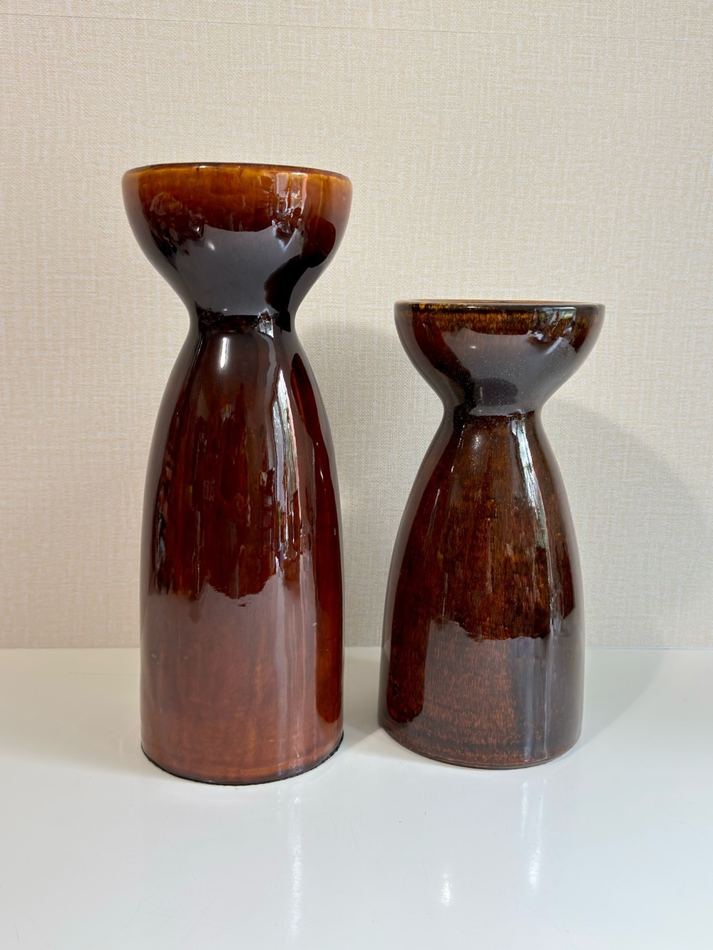Pier 1 Glossy Brown Ceramic Hourglass Pillar Candle Holders - Set of 2